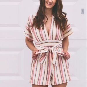 AMERICAN EAGLE Cotton Linen Blend Striped V Neck Romper Size Small